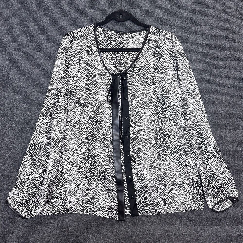 Milano Womens Button Up Blouse XL Faux Leather Trim Black & White Feminine